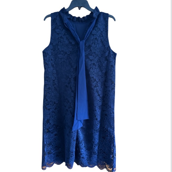 Anne Klein Elegant Navy Lace Mini Shift Dress Ruffle Neck - Picture 1 of 3